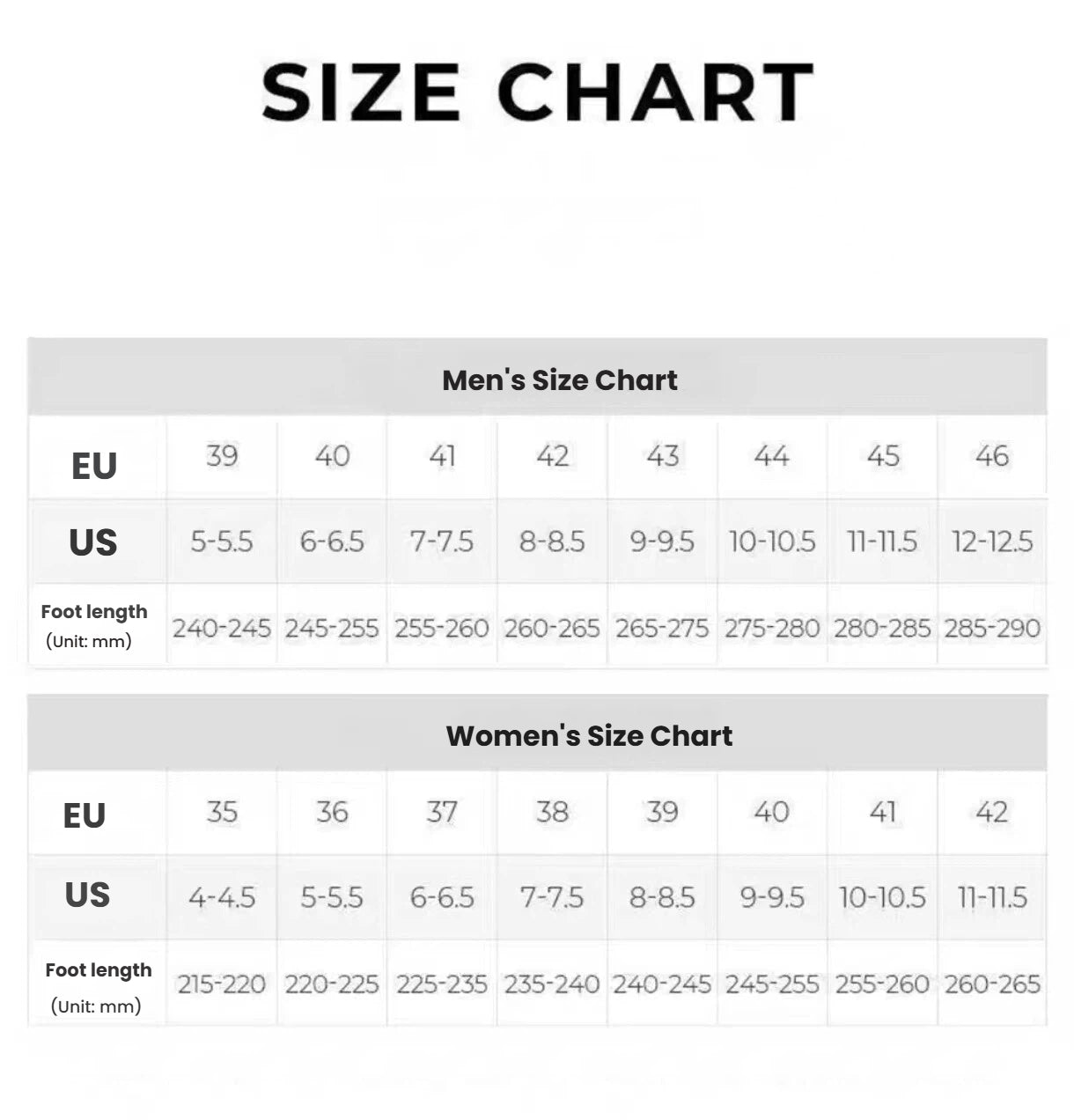 EU・USサイズと足長の換算を示すゴルフシューズサイズ表