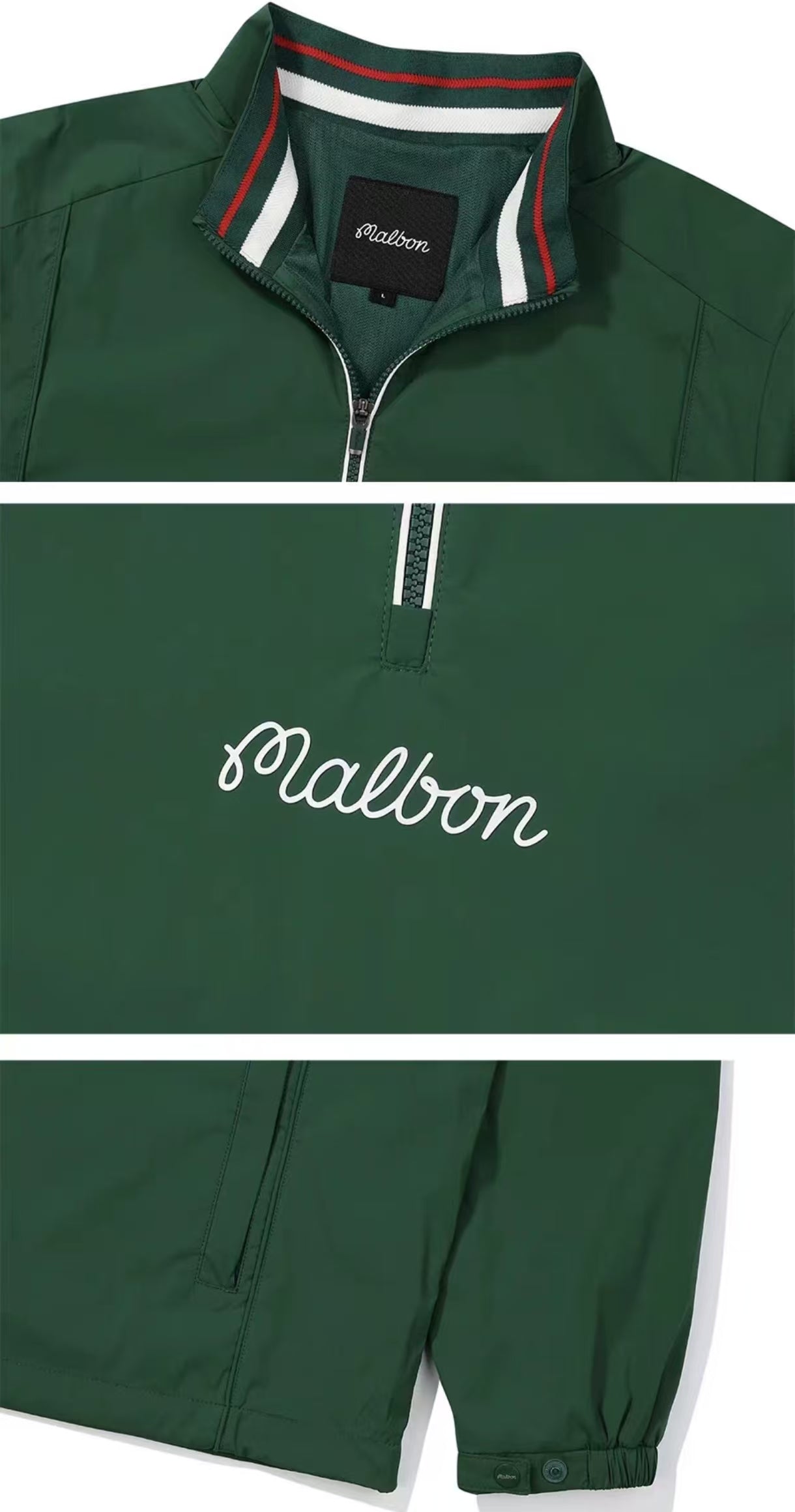 Malbon Golf Men’s Quick-Dry Stand 襟 Half-Zip プルオーバー グリーン 襟 and ロゴ ディテール