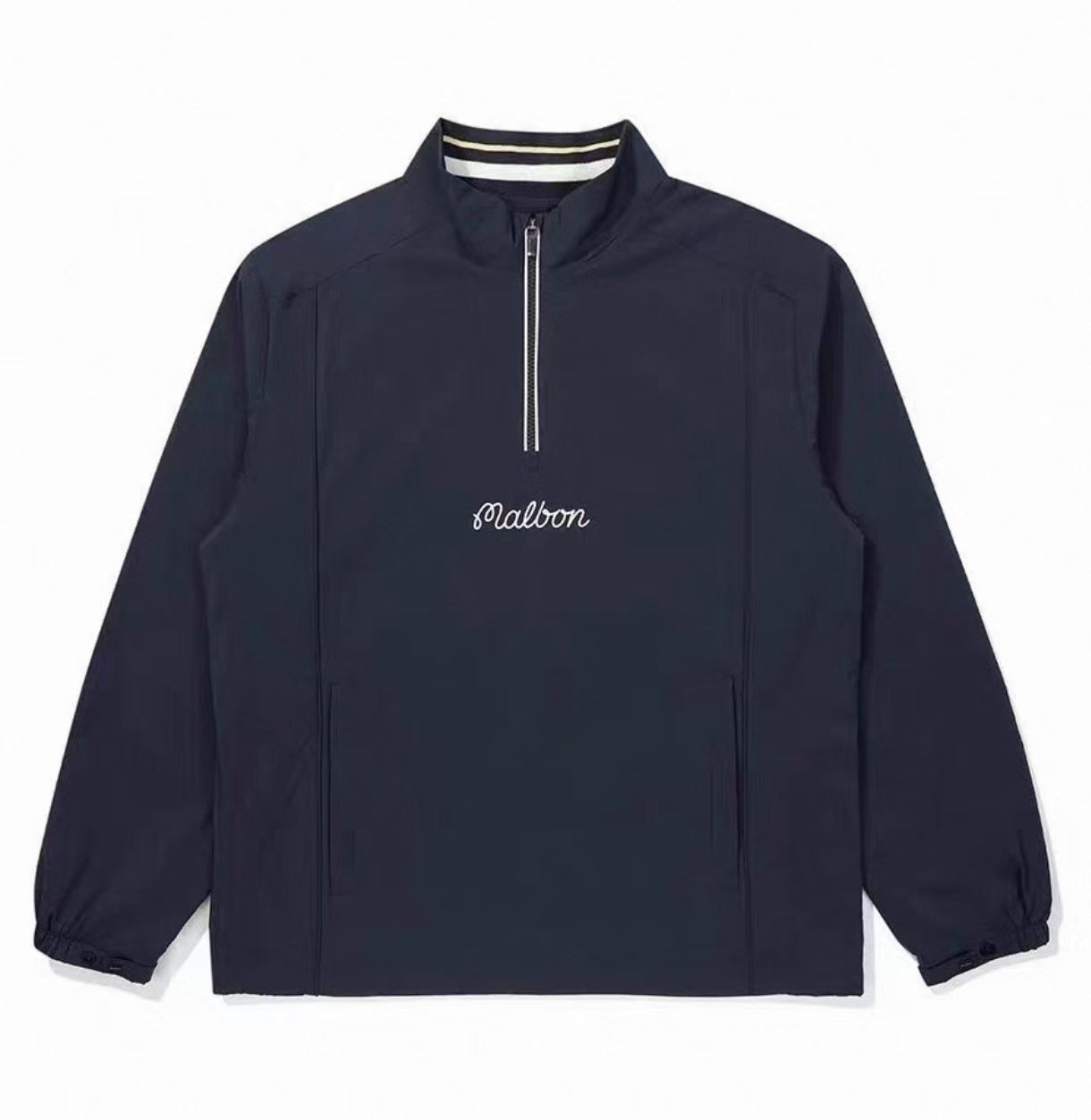 Malbon Golf Men’s Quick-Dry Stand 襟 Half-Zip プルオーバー ネイビーブルー 正面画像