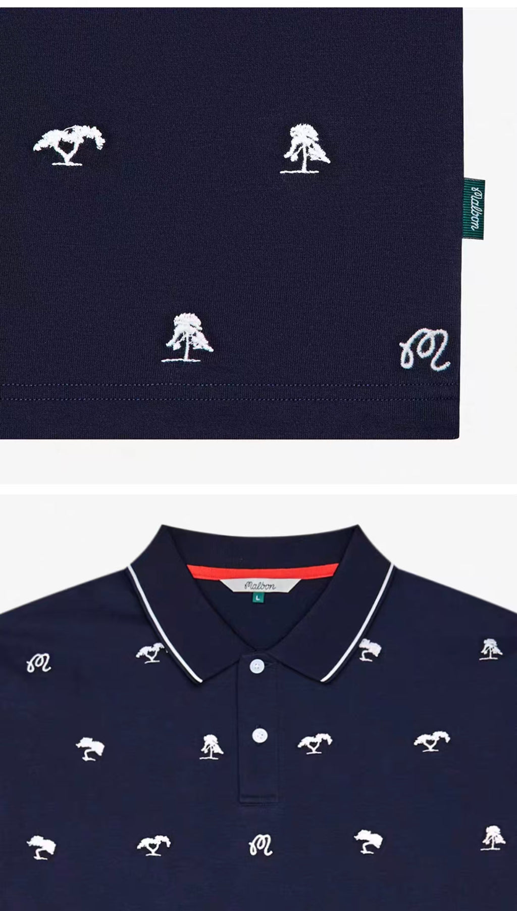 Malbon Golf メンズ 韓国風 軽量 アスレチック ゴルフポロシャツ（ネイビーブルー） ロゴと生地のディテール