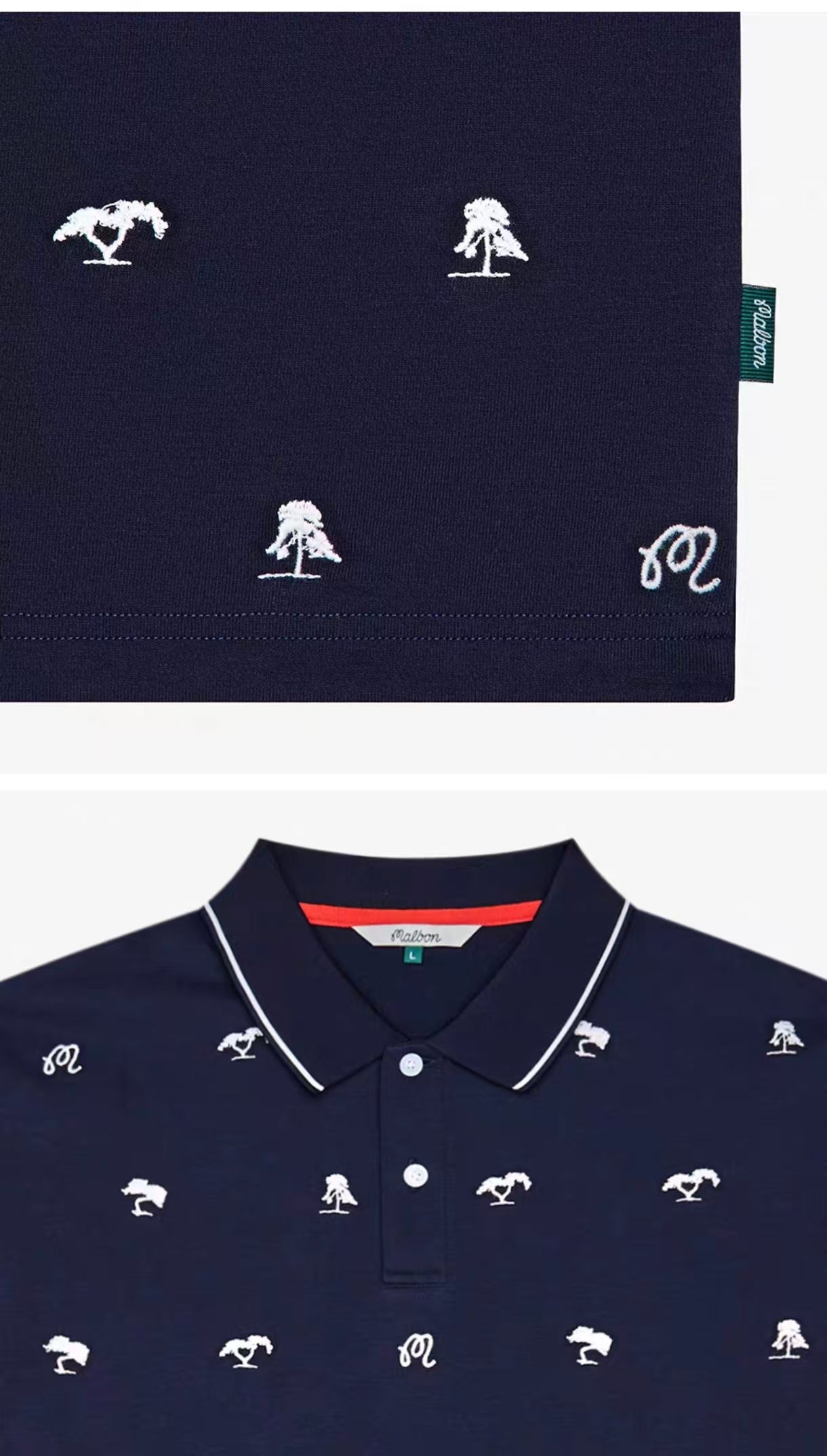 Malbon Golf メンズ 韓国風 軽量 アスレチック ゴルフポロシャツ（ネイビーブルー） ロゴと生地のディテール