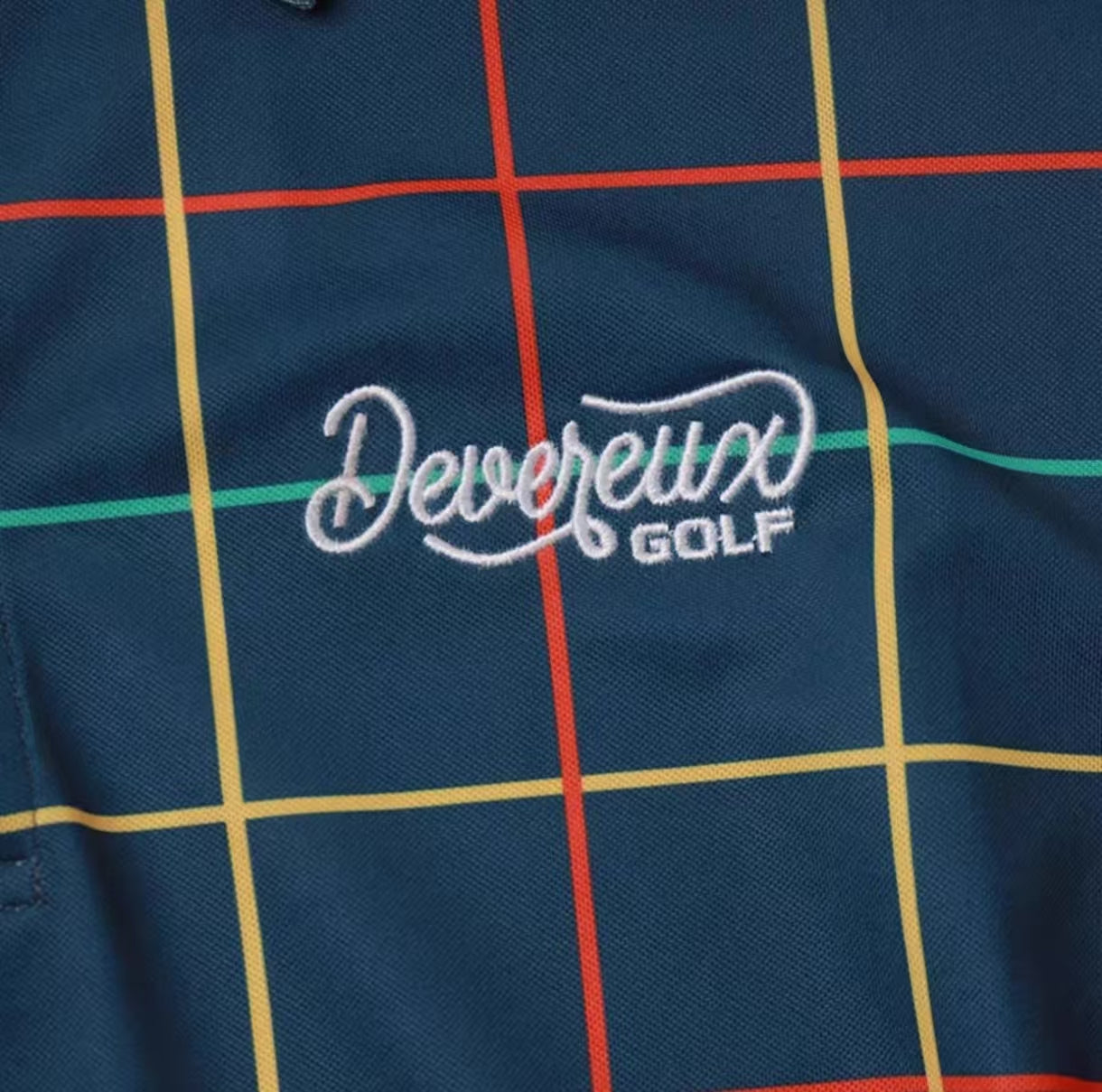 Devereux メンズ ネイビー プレイド ゴルフポロ 刺繍ディテール