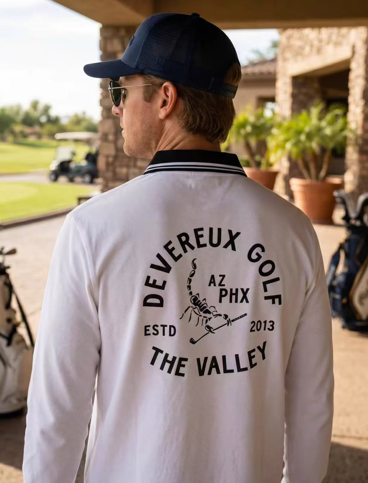 Devereux Golf Men’s Vintage Back Graphic Scorpion Long Sleeve Shirt in White - product view