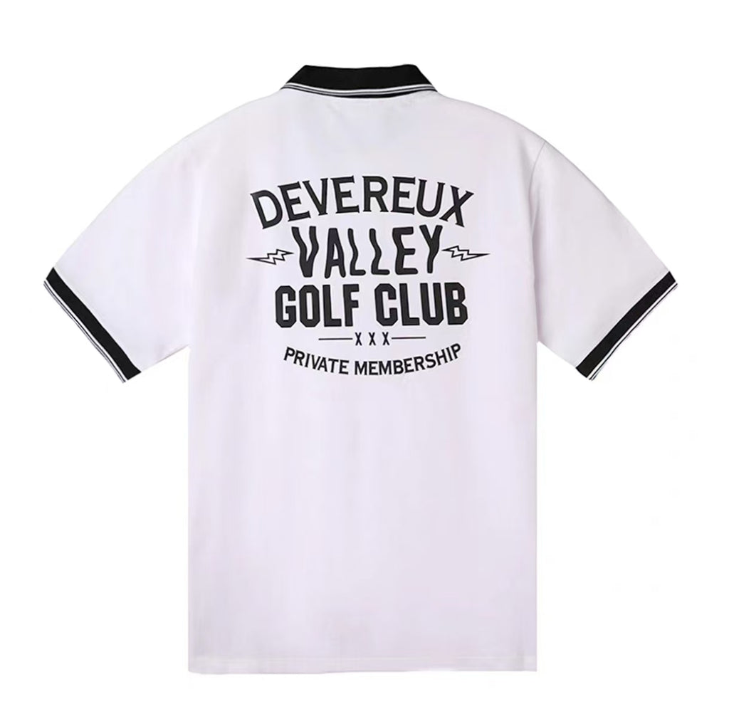 Devereux メンズ ホワイト レタープリント ゴルフポロ 背面 Valley Golf Club グラフィック