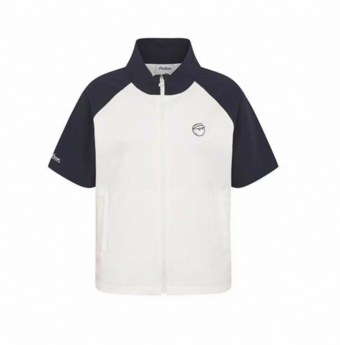 Malbon Golf Women’s Quick-Dry Stand 襟 スポーツトップ ネイビーブルー and ホワイト 正面画像