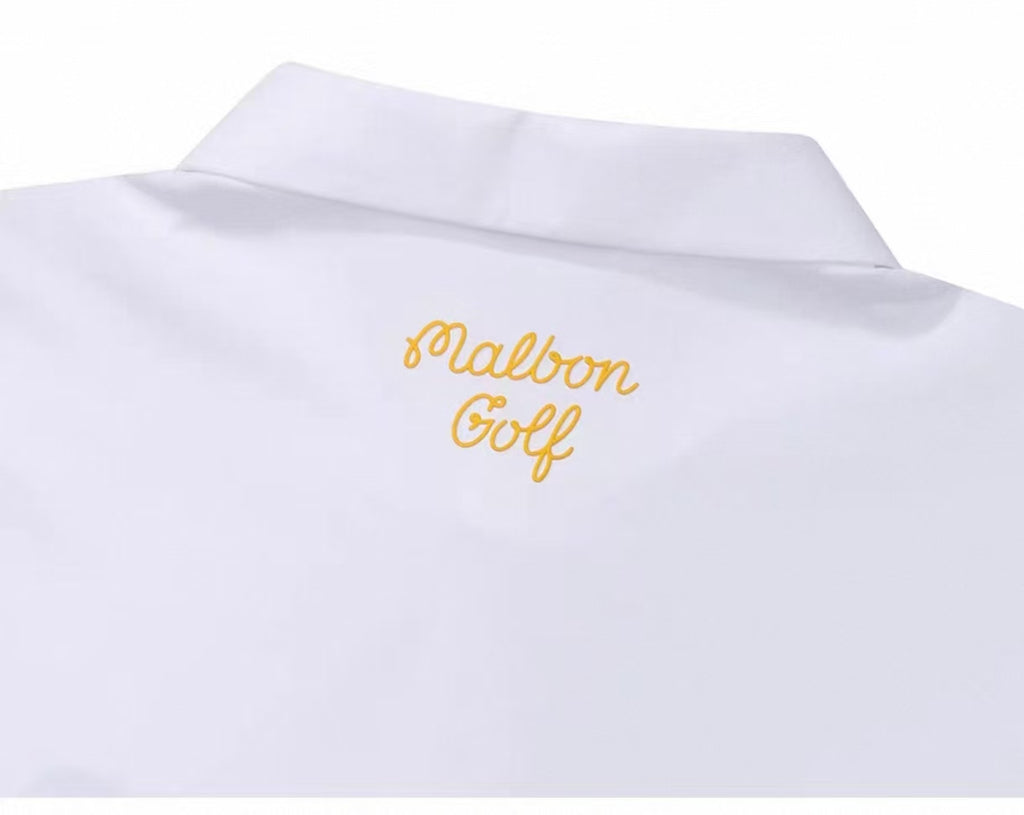 Malbon men's lightweight cooling quick-dry golf polo shirt in White, detail view