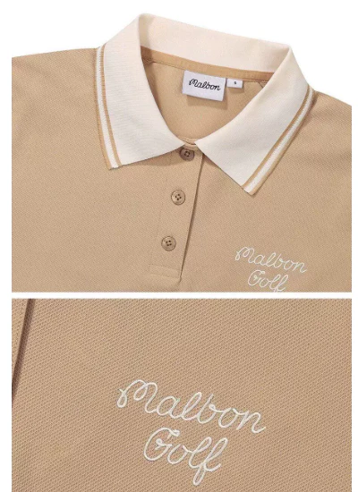 Malbon Women Golf Polo Shirt Casual Sports Collar Tee Khaki collar and logo detail