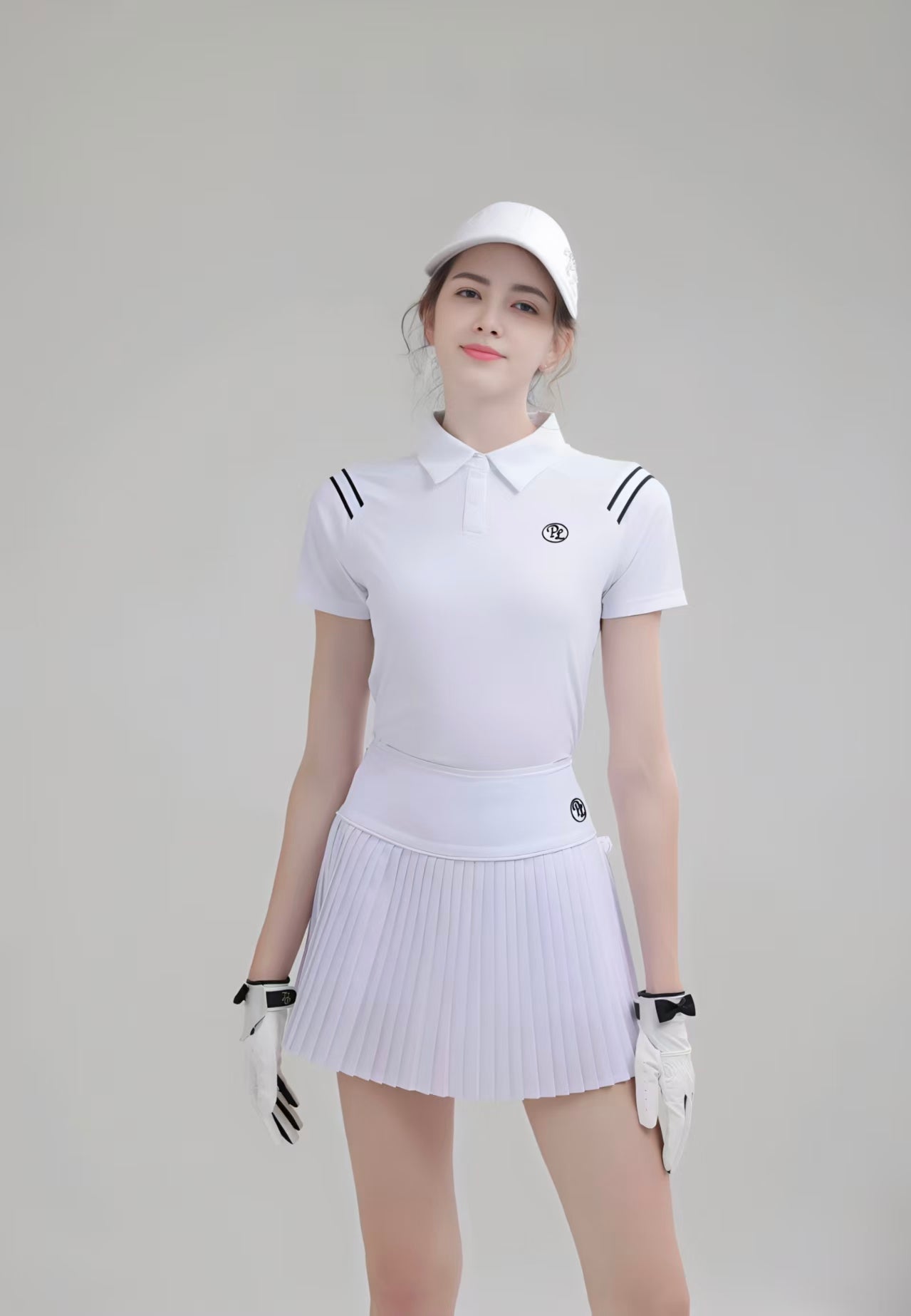 Women’s Quick-Dry Stretch Golf Tennis Shirt Skirt Set in White - product view