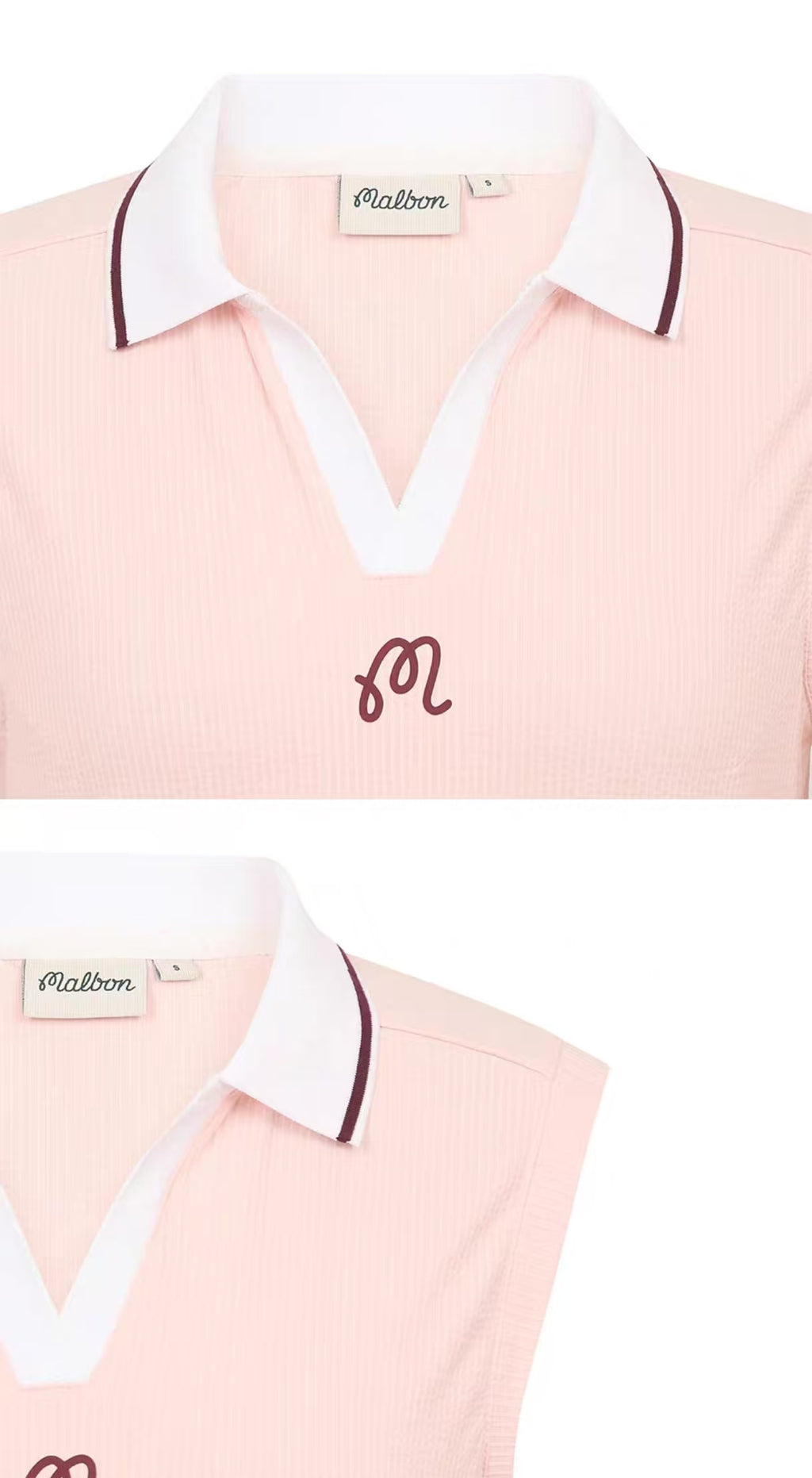 Malbon women's Slim Fit Collared V-Neck Golf Vest in Pink, logo and fabric detail