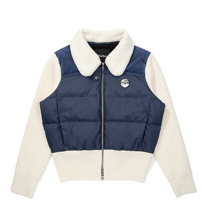 Malbon women's knit hybrid insulated down golf jacket in Navy Blue, front view