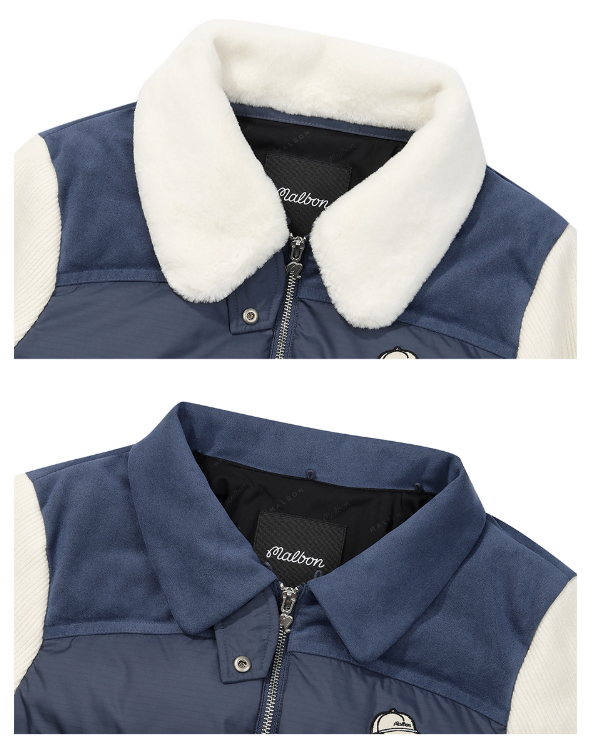 Malbon women's knit hybrid insulated down golf jacket in Navy Blue, collar and logo detail