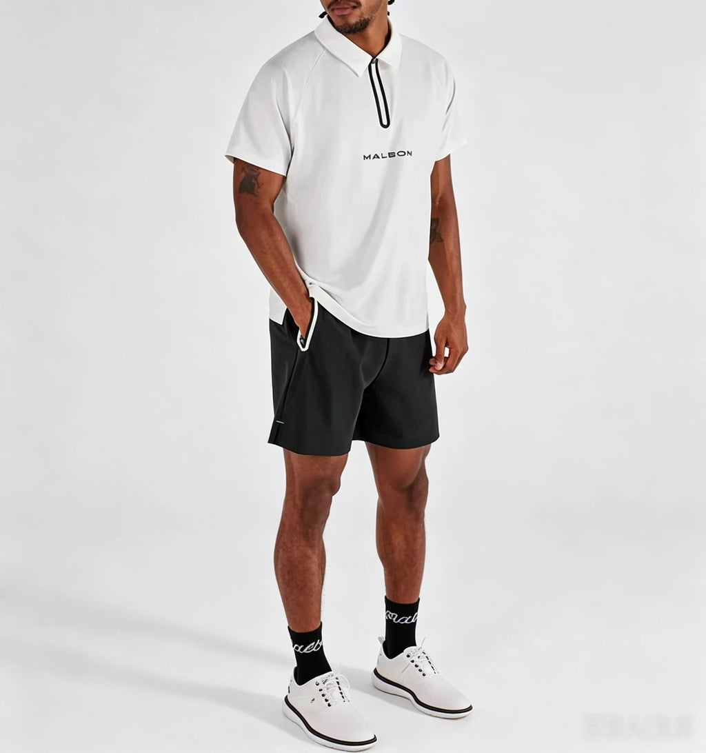 Malbon men's quarter-zip golf polo shirt in White, trim and stitching detail
