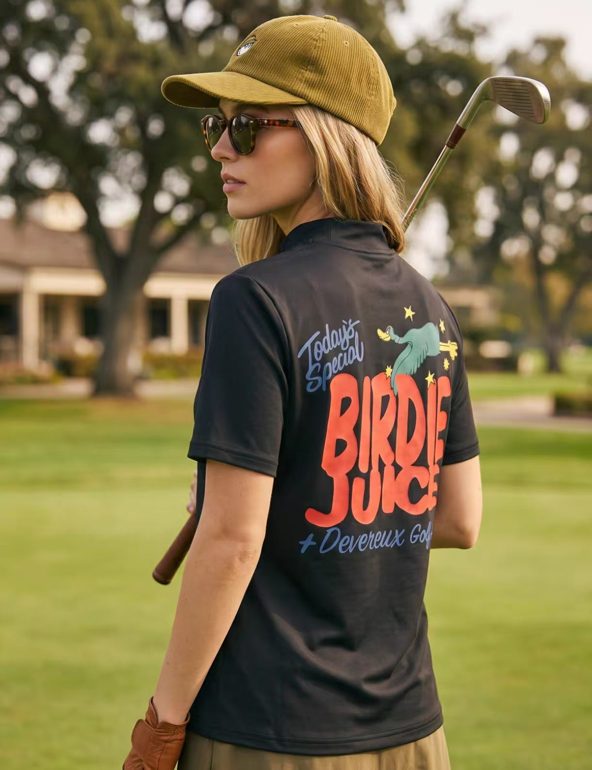 Devereux レディース モックネック ゴルフTシャツ ブラック プリントディテール
