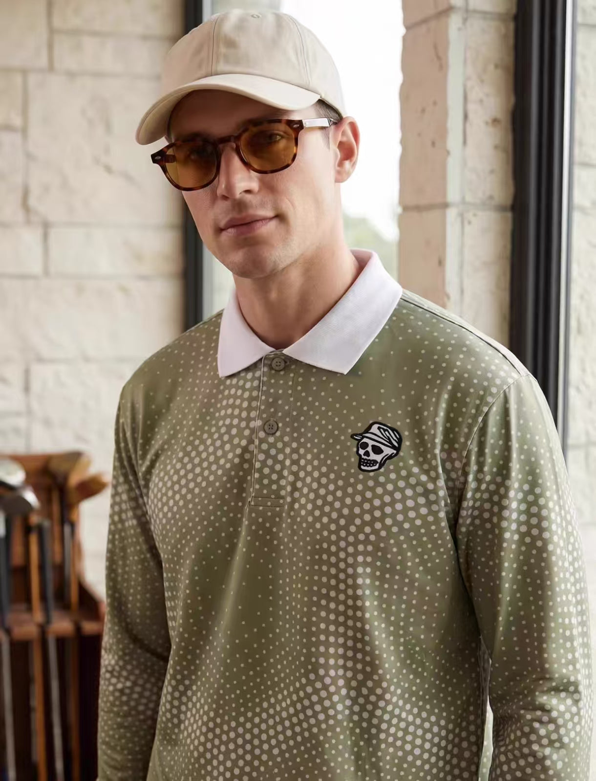 Devereux Golf メンズ グリーングラデーション ドット柄 長袖ポロシャツ（グリーン）の商品画像