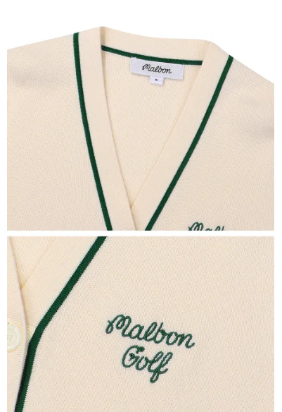 Malbon Women Golf Knit Sweater Jacket Warm Casual Outerwear Beige collar and logo detail
