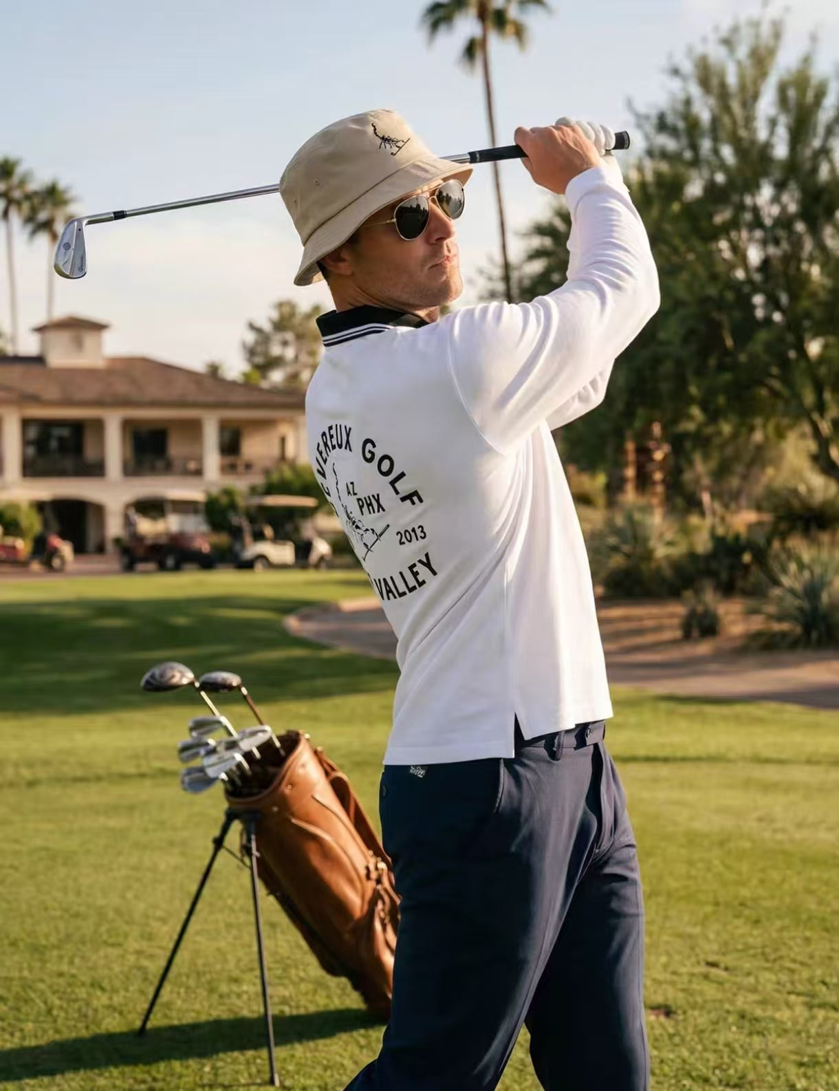 Devereux Golf Men’s Vintage Back Graphic Scorpion Long Sleeve Shirt in White - product view