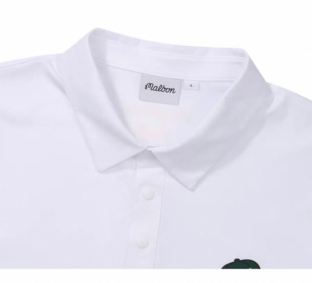 Malbon men's lightweight cooling quick-dry golf polo shirt in White, logo and fabric detail