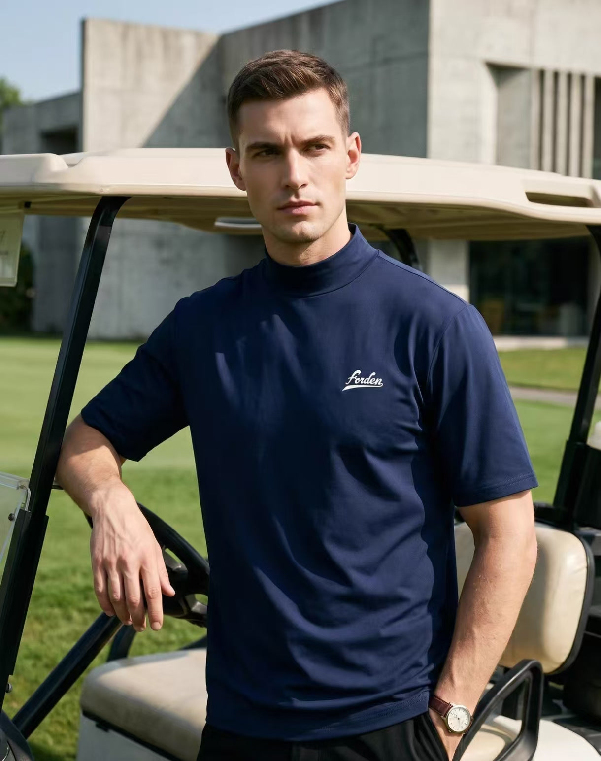 Forden Golf メンズ 冷感 速乾 グラフィック モックネック ゴルフトップス ネイビー モデル正面着用