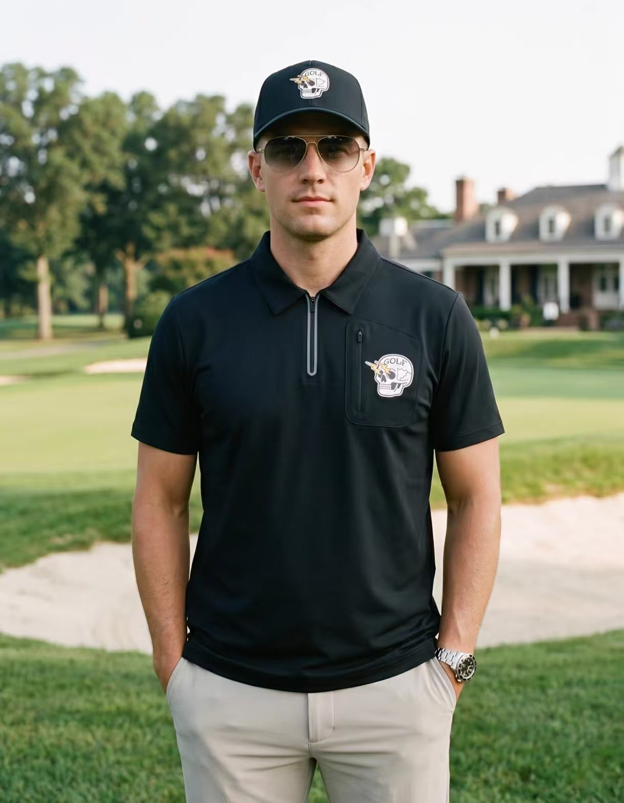 Devereux Golf メンズ サマー クォータージップ スカル柄ポロ（ブラック）の商品画像