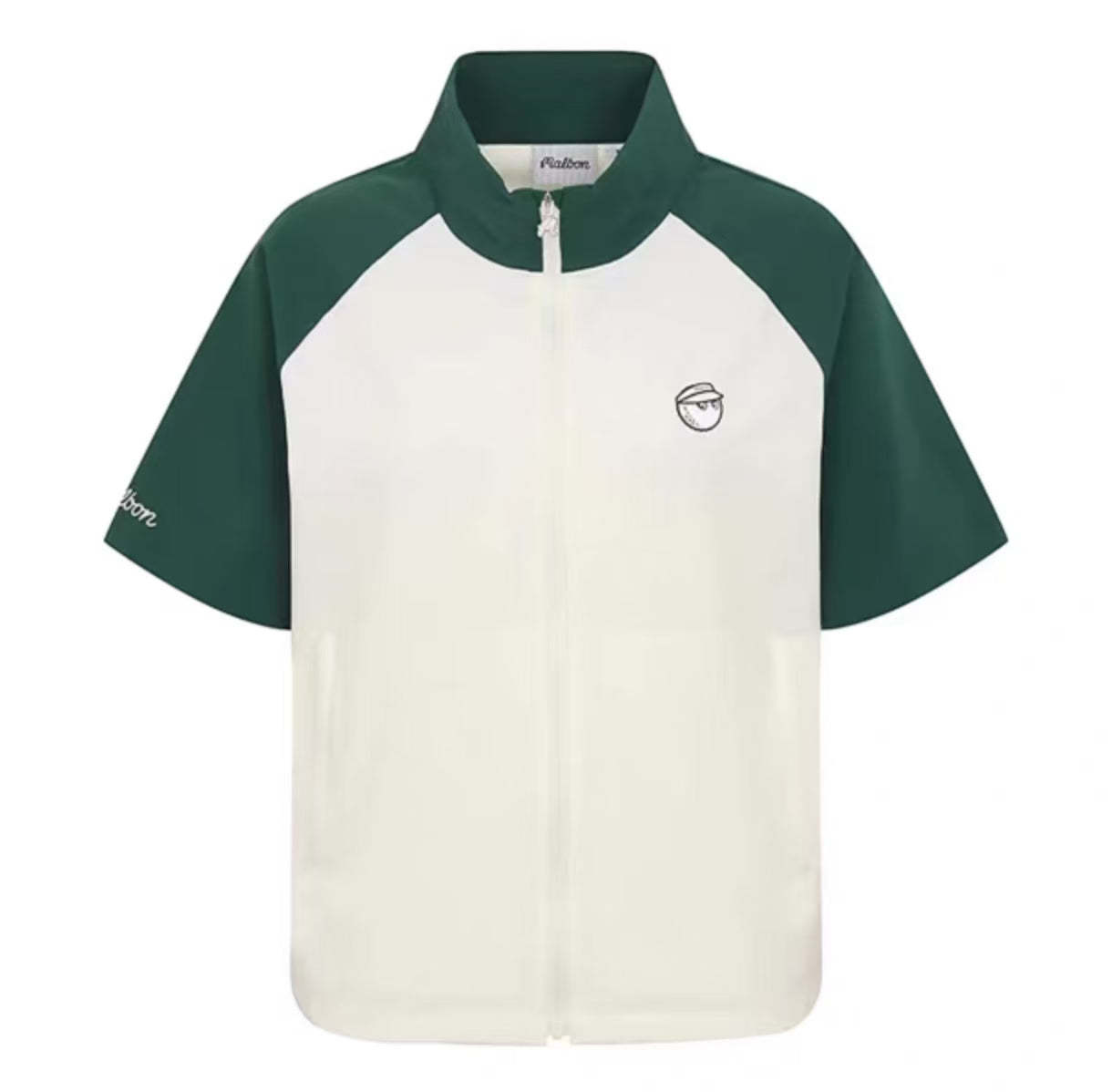 Malbon Golf Women’s Quick-Dry Stand 襟 スポーツトップ グリーン and ホワイト 正面画像
