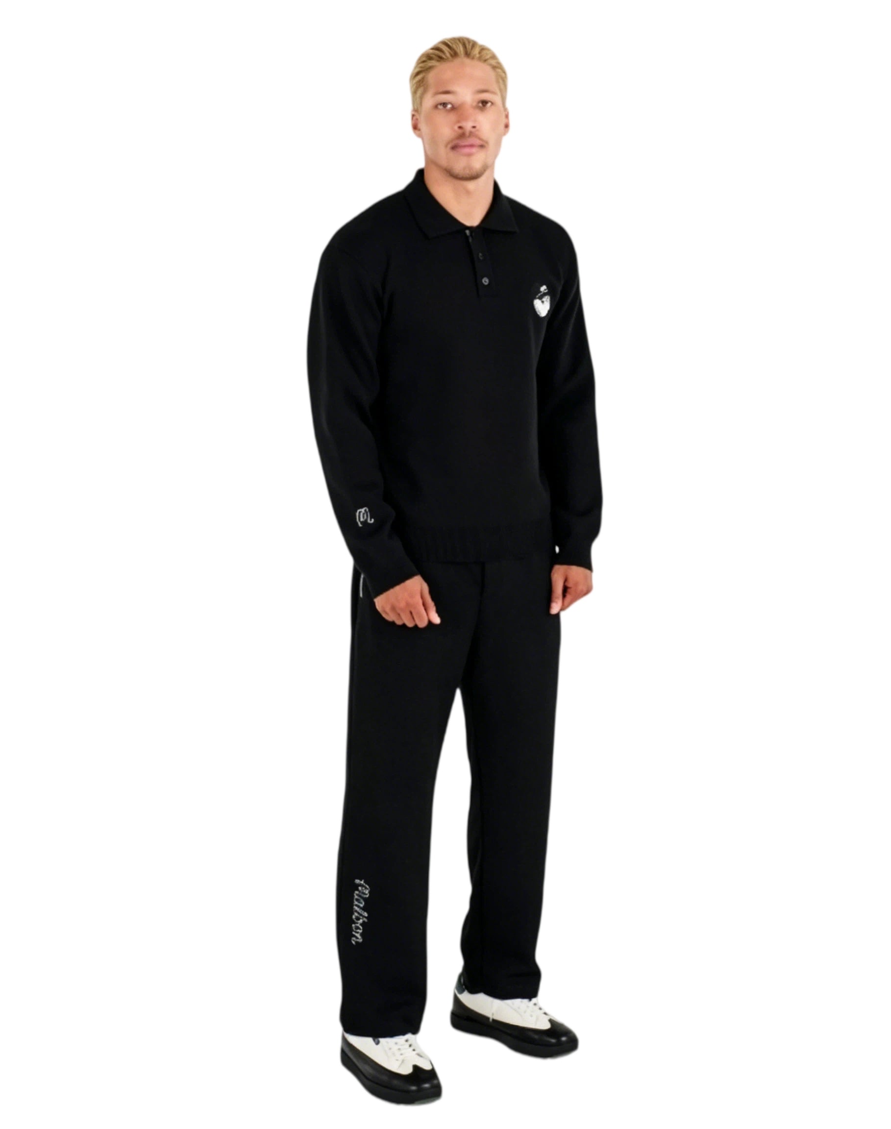 Malbon Studio Seoul Buckets Polo Sweater Black golf apparel worn front view