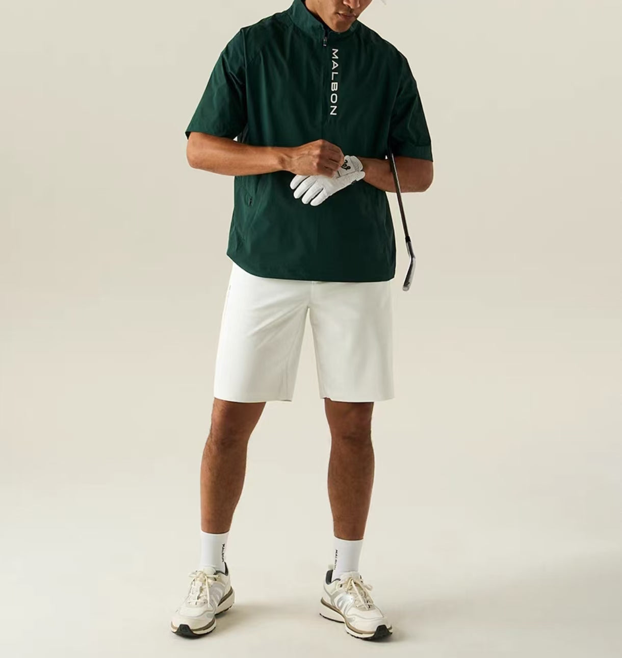 Malbon Studio Seoul Hybrid Anorak Green hybrid golf anorak model-worn view