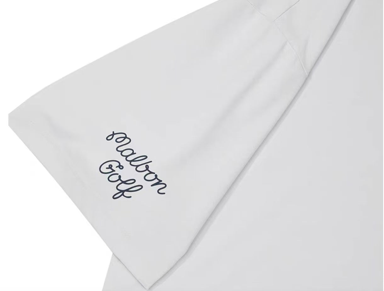 Grey Malbon golf T-shirt sleeve logo detail