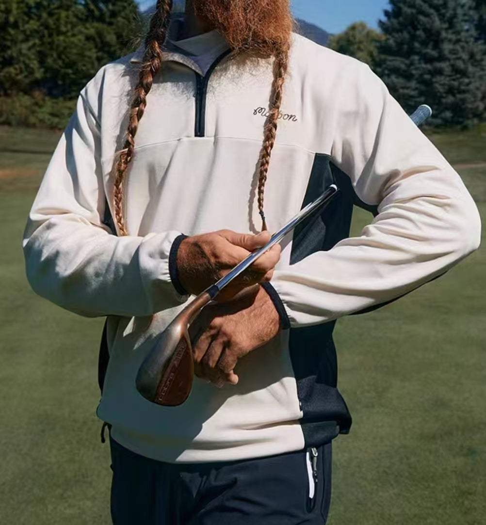 Malbon Contrast Quarter Zip Pullover White quarter zip golf pullover logo and fabric detail