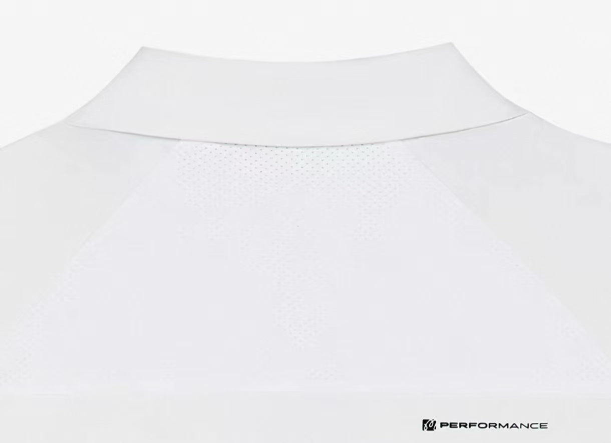 Malbon men's quarter-zip golf polo shirt in White, logo and fabric detail