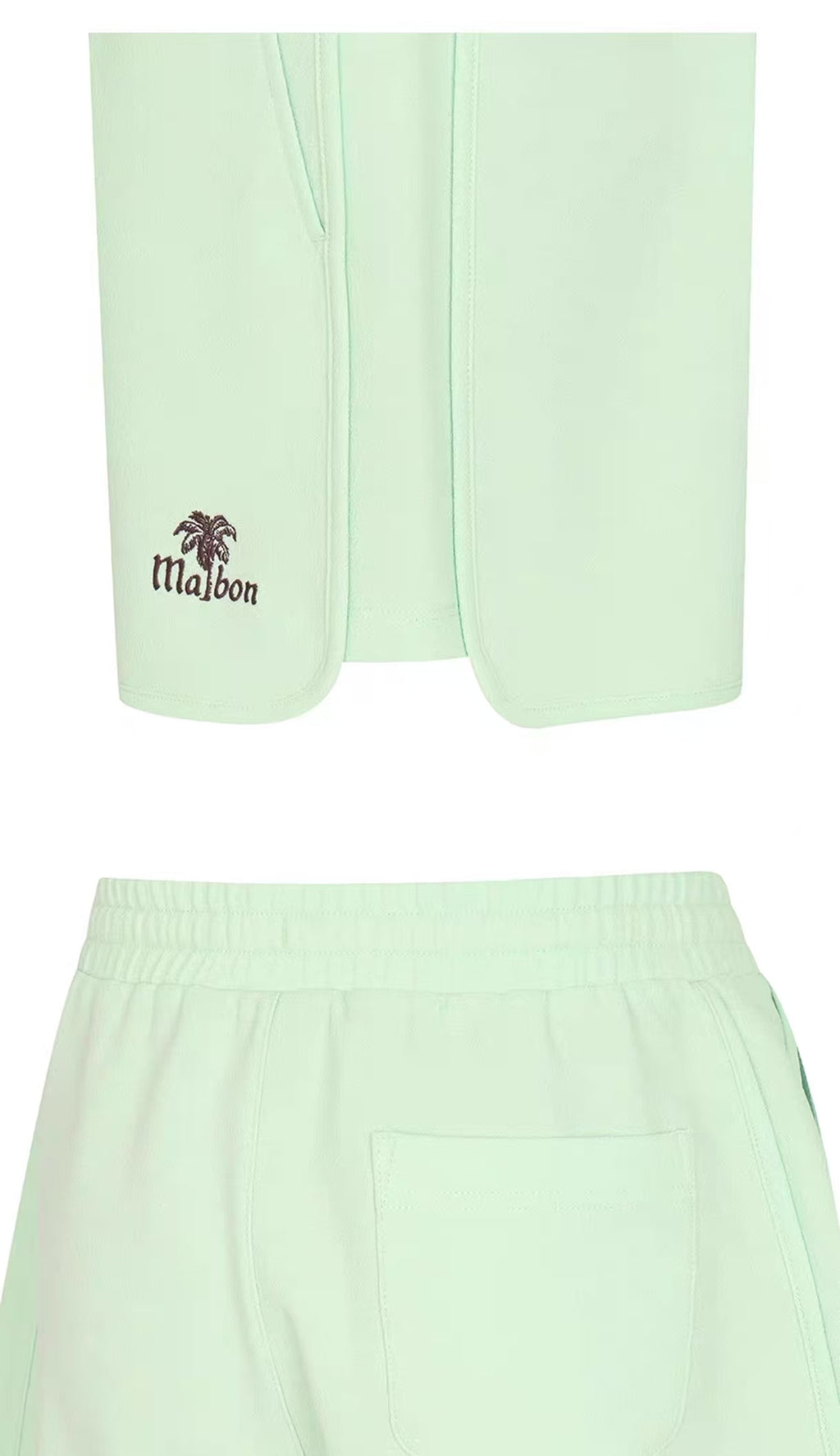 Malbon Golf レディース ウエストゴム ストレートレッグ ゴルフショーツ（Mint Green） ロゴと生地のディテール