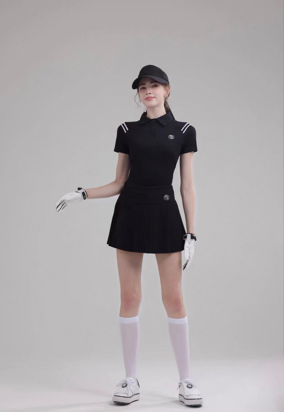 Women’s Quick-Dry Stretch Golf Tennis Shirt Skirt Set in Black - product view