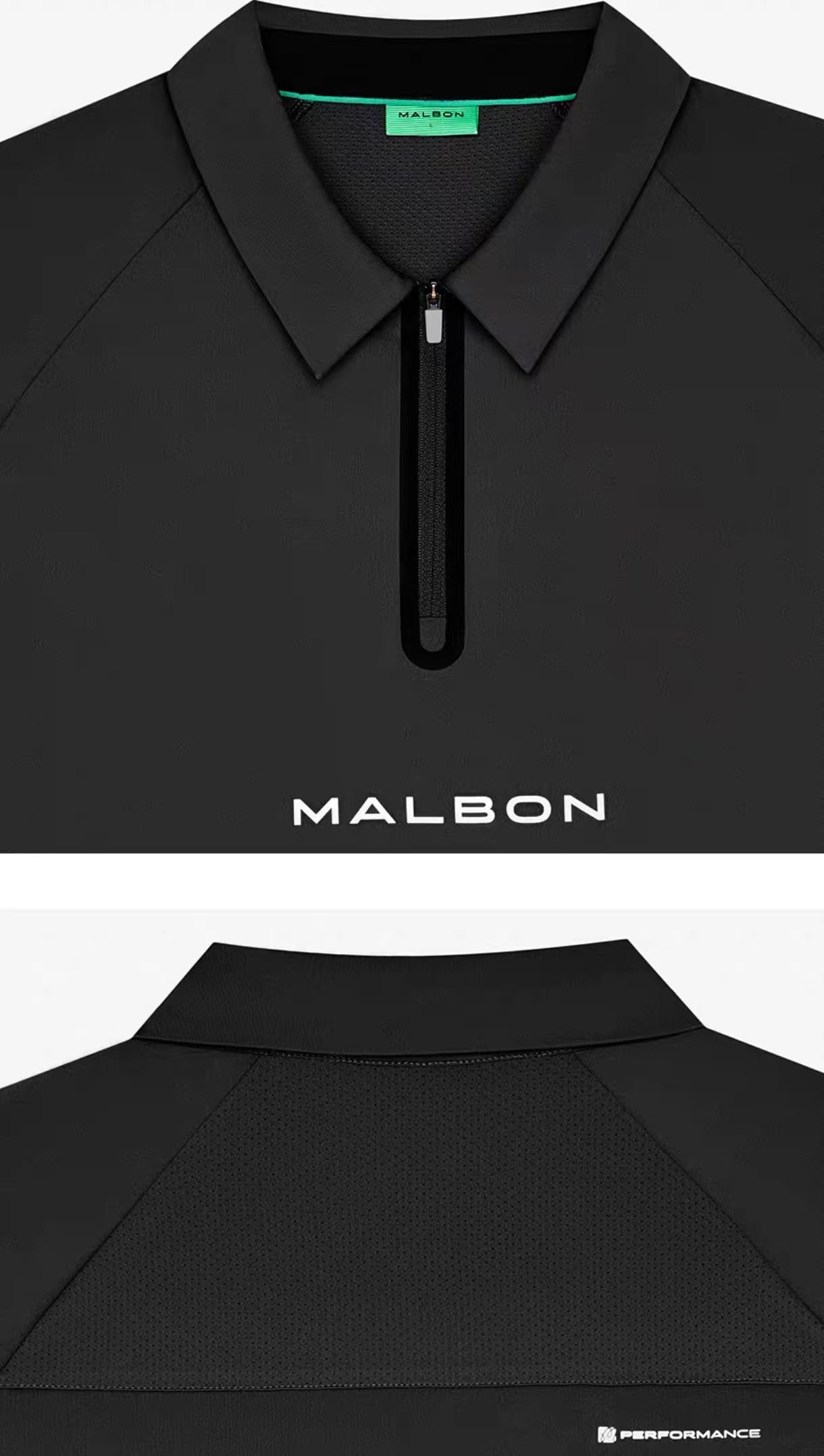 Malbon Golf クォータージップ ゴルフポロシャツ（ブラック） トリムとステッチのディテール