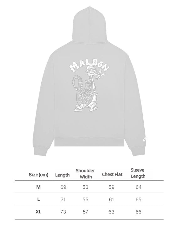Malbon Unisex Dragon Graphic Heavyweight Golf Hoodie Grey size chart