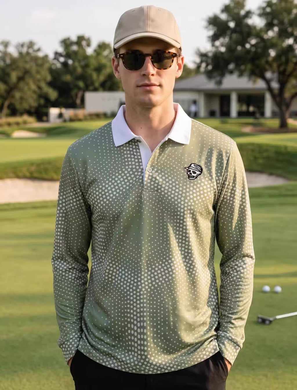 Devereux Golf メンズ グリーングラデーション ドット柄 長袖ポロシャツ（グリーン）の商品画像