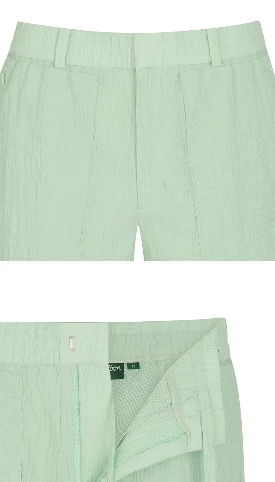 Malbon Golf メンズ ウエストゴム アスレチック ゴルフショーツ（Mint Green） ロゴと生地のディテール