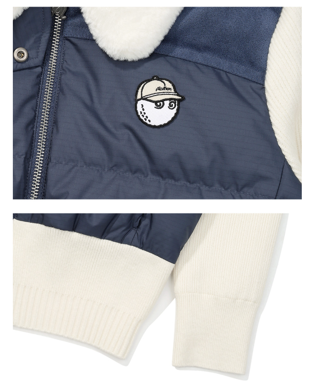 Malbon women's knit hybrid insulated down golf jacket in Navy Blue, pocket and trim detail