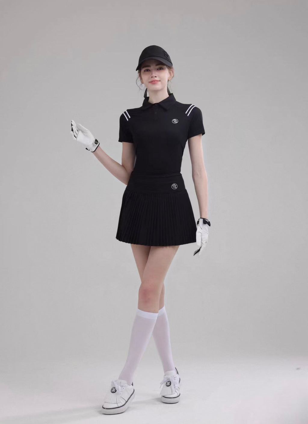 Women’s Quick-Dry Stretch Golf Tennis Shirt Skirt Set in Black - product view