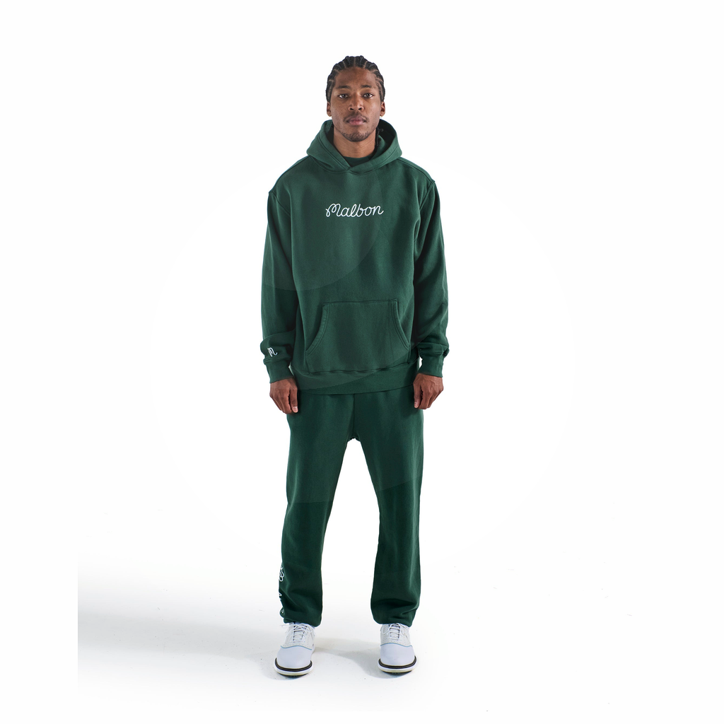 Malbon Fesque Hoodie Forest golf apparel worn front view