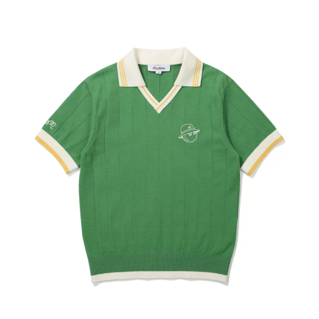 Malbon Striped Knit Polo Green striped knit golf polo front view
