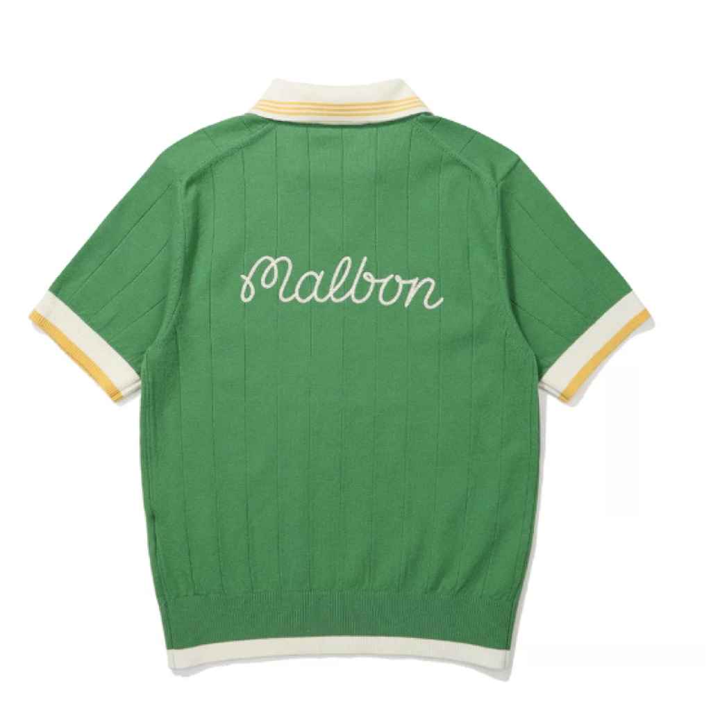 Malbon Striped Knit Polo Green striped knit golf polo back view