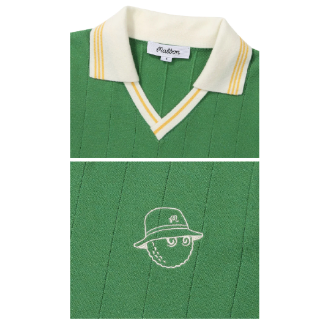 Malbon Striped Knit Polo Green striped knit golf polo detail view