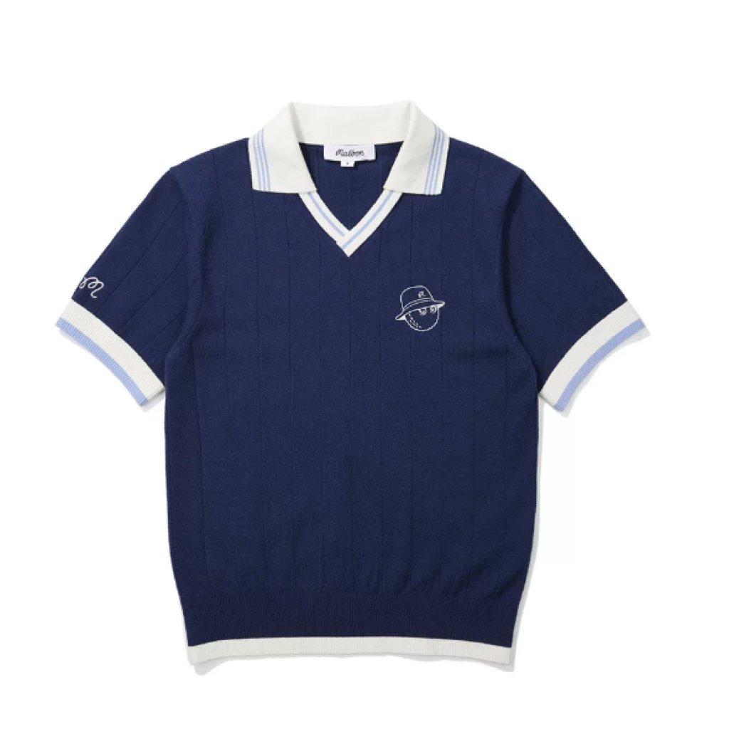 Malbon Striped Knit Polo Navy Blue striped knit golf polo front view