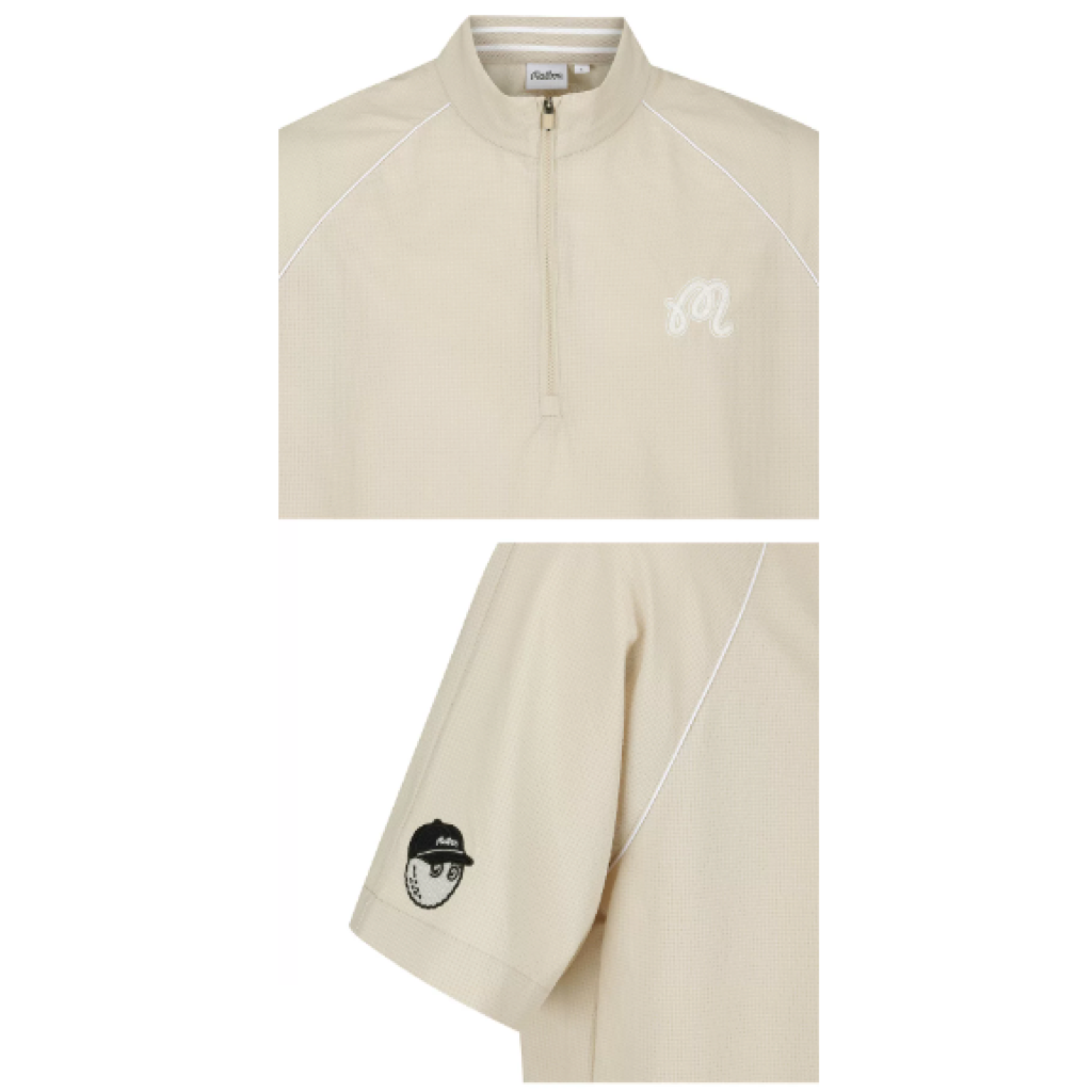 Malbon Studio Seoul Seersucker-Knit Hybrid Windshirt Beige hybrid golf windshirt detail view