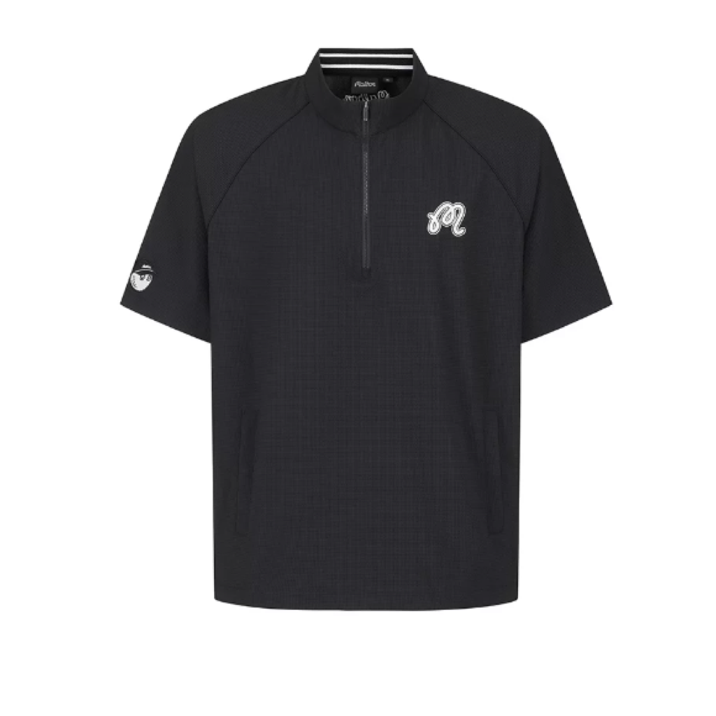 Malbon Studio Seoul Seersucker-Knit Hybrid Windshirt Black hybrid golf windshirt front view