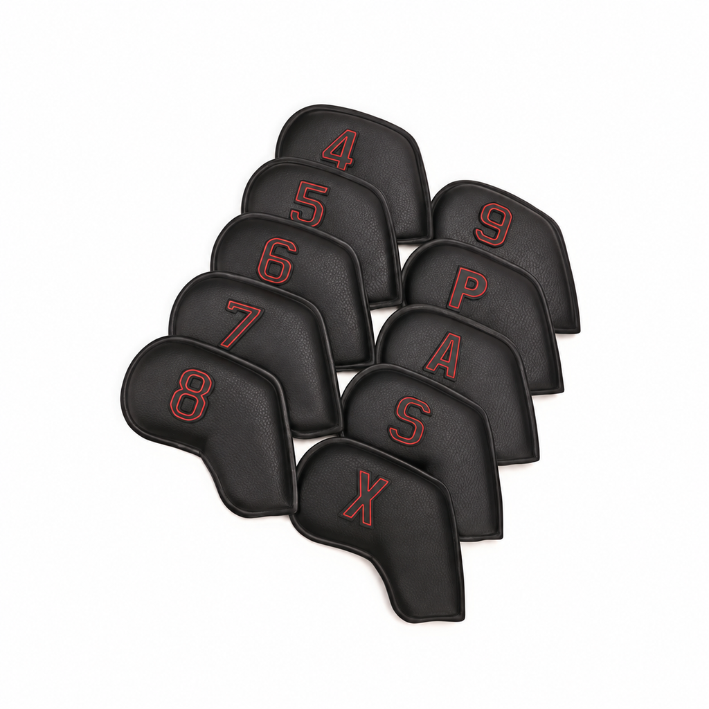 Ten black iron headcovers marked 4–9, P, A, S and X