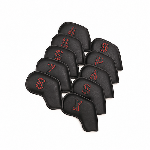 Ten black iron headcovers marked 4–9, P, A, S and X